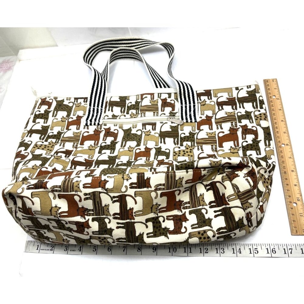 Cat-Print Canvas Tote Bag With Zipper Closure & Striped Handles 18"x12"x5" 76c - Picture 3 of 8